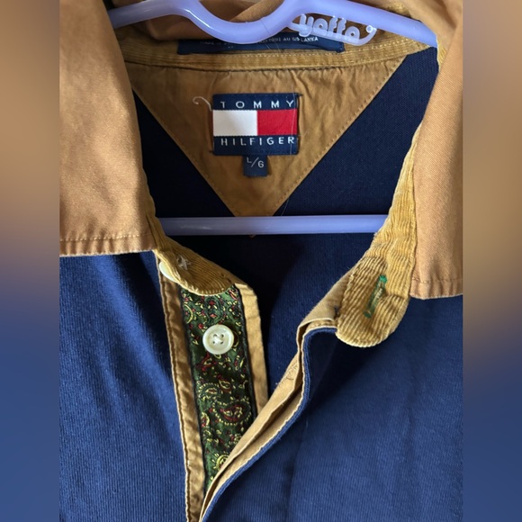 Vintage 90s Tommy Hilfiger Long Sleeve Rugby Polo Sz Large Yellow Blue Striped - Picture 2 of 5